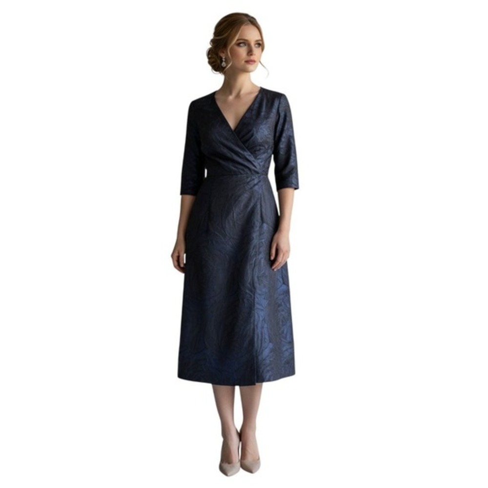 Kay Unger New York Women's Navy Blue Jacquard Dress Size 2‎ V Neck Wrap Style
